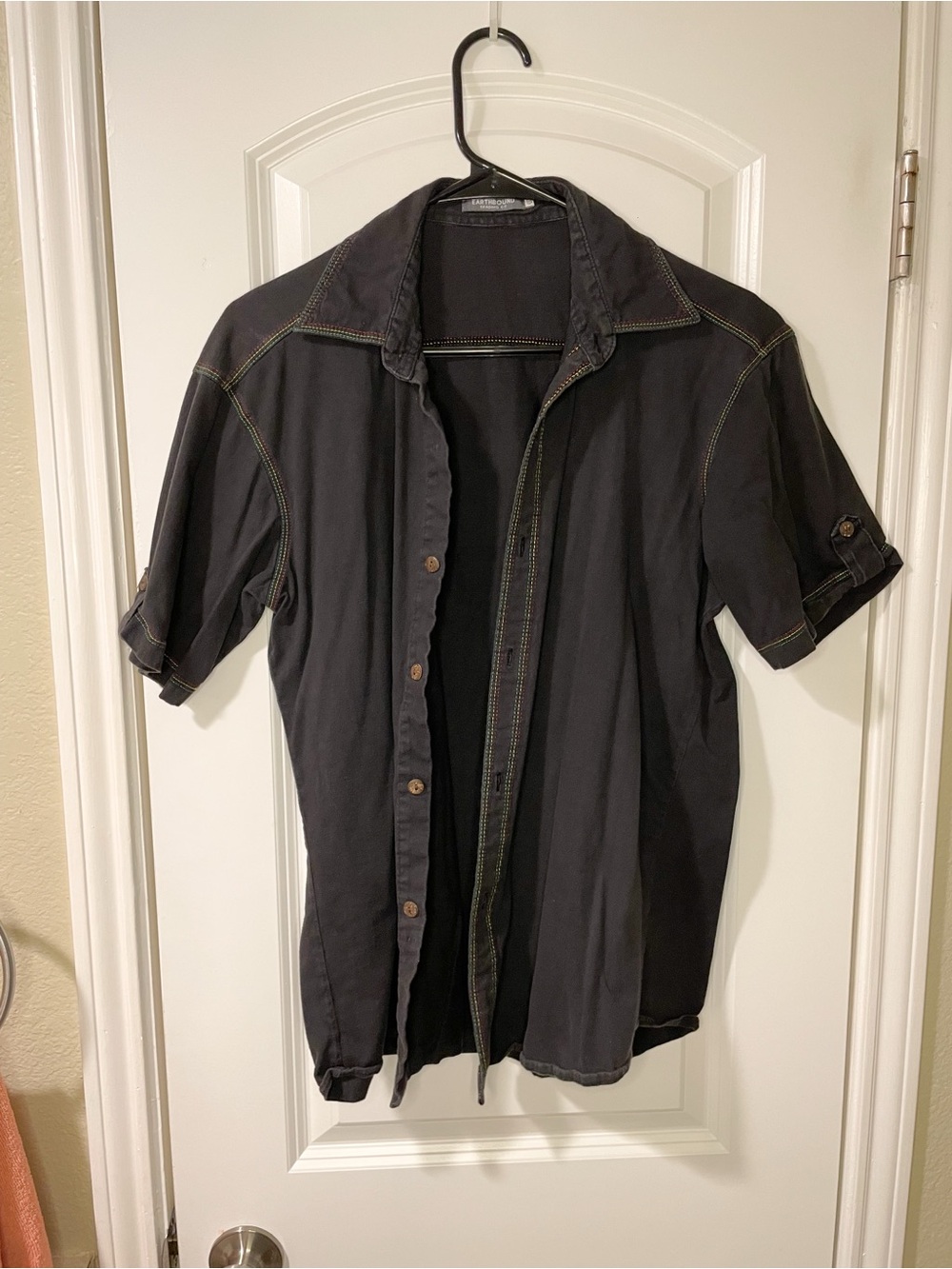 Earthbound Rasta Stitched Black Button Up Top